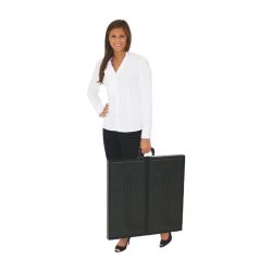 Woman carying folded display